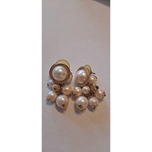 Vintage Pearl Cluster And Gold Tone Earrings